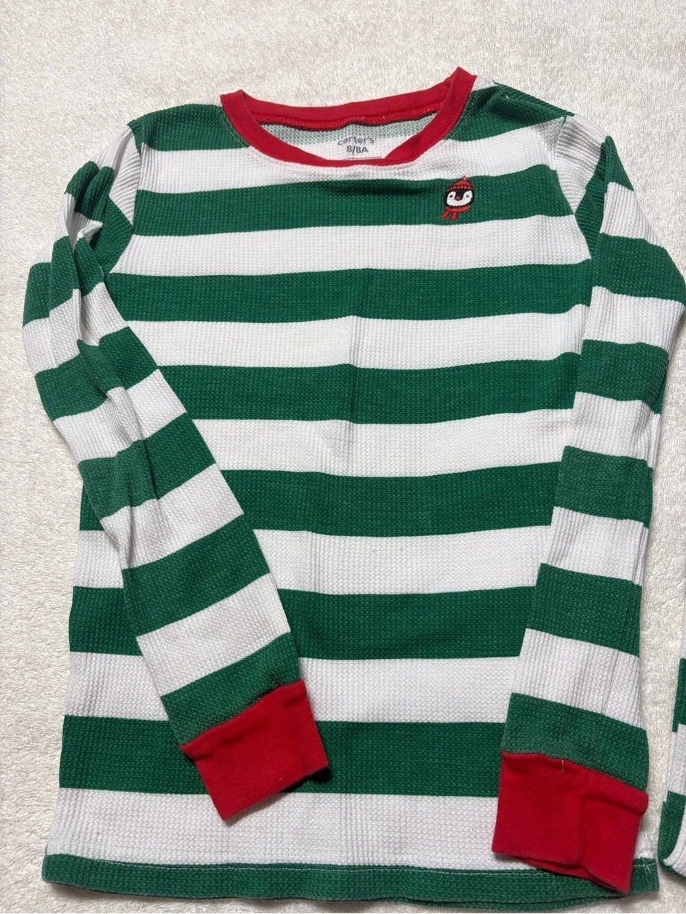 Carter's Green and White Striped Thermal Pajama Set with Penguin Patch